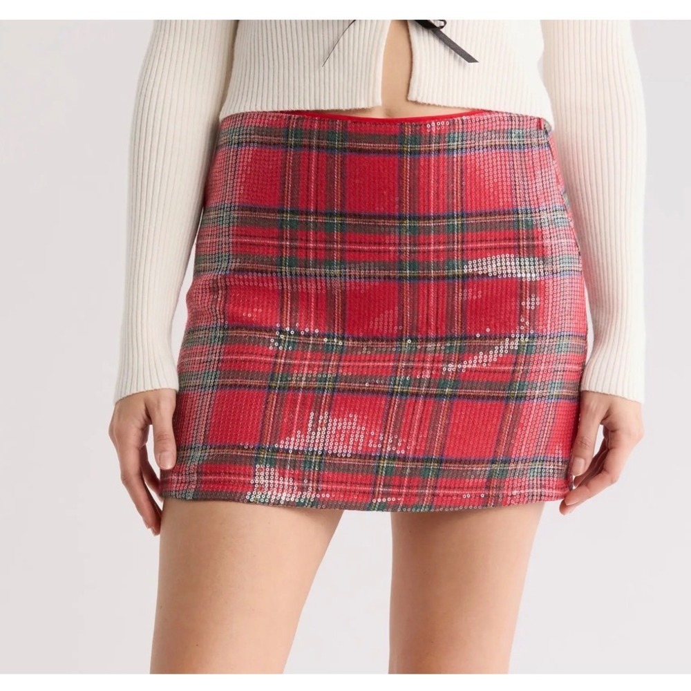 LUSH Sequin Plaid Mini Skirt Holiday Party Festive‎ Womens Large Red
